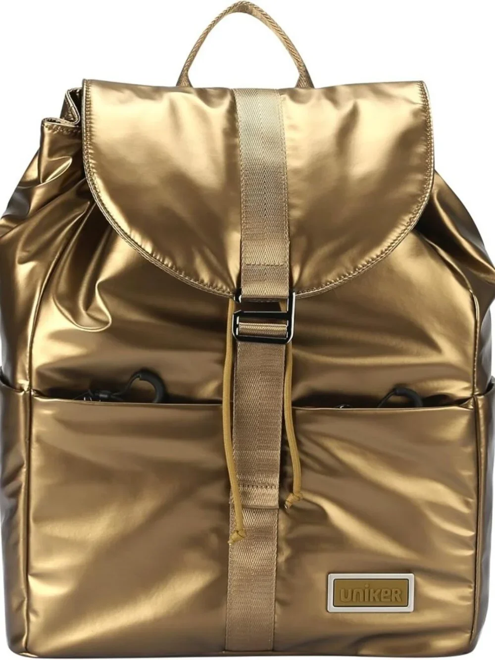Water-Resistant Metallic Gold Drawstring Backpack, Stylish Daypack for Women